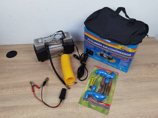 مضخة الهواء + طاقم إصلاح الإطارات